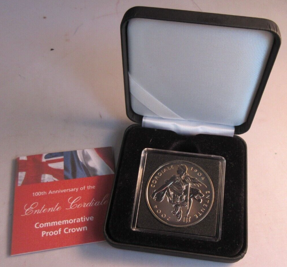 1904-1984 ENTENTE CORDIALE REVERSE FROSTED COMMEMORATIVE PROOF £5 CROWN BOX &COA