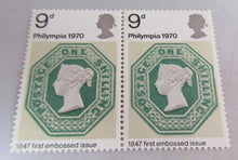 Load image into Gallery viewer, PHILYMPIA 1970 1/6 9d &amp; 5d 10 STAMPS MNH WITH CLEAR FRONTED STAMP HOLDER
