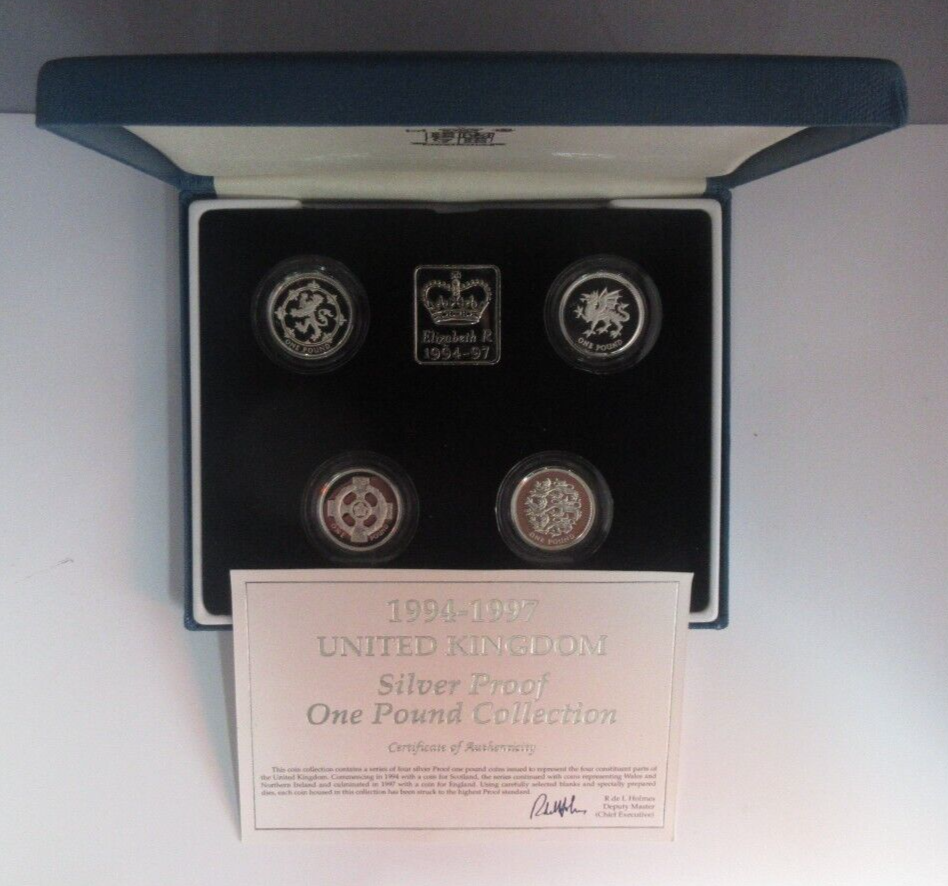 1994-1997 Royal Mint UK Silver Proof Piedfort 4 x £1 Coin Set Box/COA