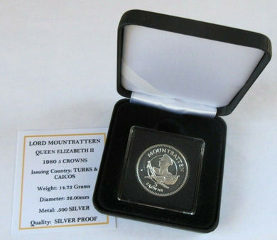 1980 LORD MOUNTBATTEN QUEEN ELIZABETH II SILVER PROOF 5 CROWNS COIN BOX & COA