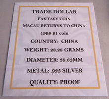 Load image into Gallery viewer, 1999 TRADE DOLLAR MACAU RETURNS TO CHINA YOT RABBIT FANTASY COIN WITH BOX &amp; COA
