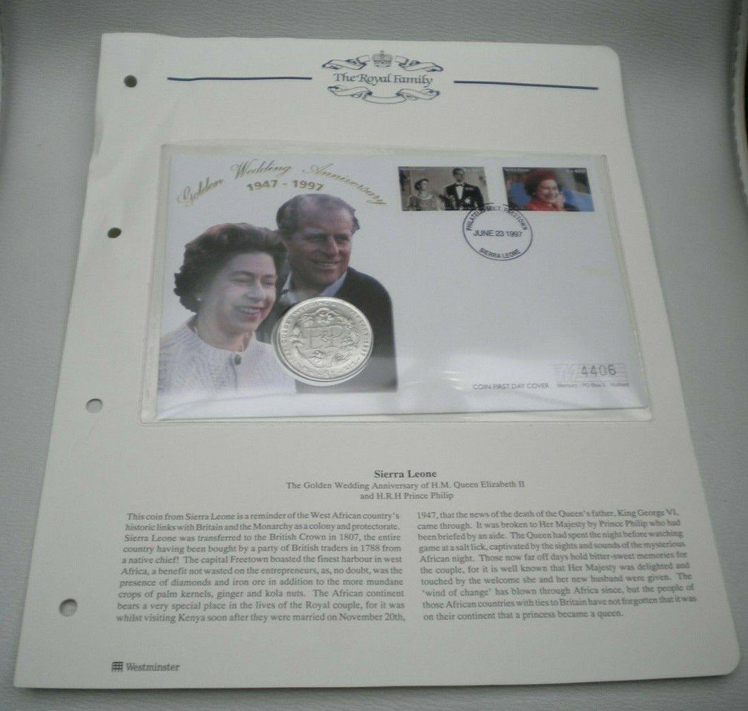 1947-1997 GOLDEN WEDDING ANNIVERSARY BUNC $1 DOLLAR COIN FIRST DAY COVER PNC