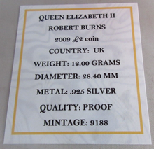 Load image into Gallery viewer, 2009 QUEEN ELIZABETH II ROBERT BURNS SILVER PROOF £2 TWO POUND COIN BOXED
