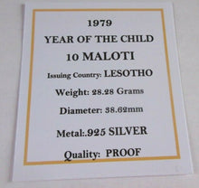 Load image into Gallery viewer, 1979 YEAR OF THE CHILD LESOTHO 10 MALOTI SILVER PROOF COIN COA &amp; BOX
