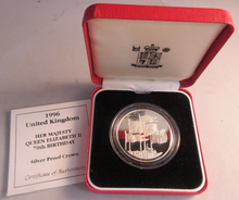 Load image into Gallery viewer, 1996 HER MAJESTY QUEEN ELIZABETH II 70TH BIRTHDAY SILVER PROOF £5 CROWN BOX &amp;COA
