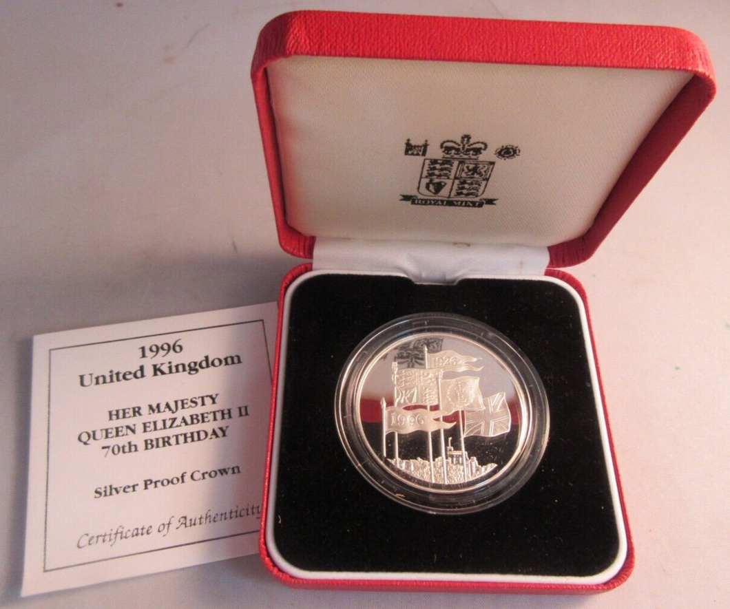 1996 HER MAJESTY QUEEN ELIZABETH II 70TH BIRTHDAY SILVER PROOF £5 CROWN BOX &COA